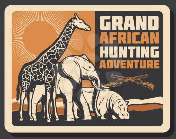 African hunting club or Safari hunt adventure. Vector Africa wild animals giraffe, elephant and hippopotamus in savanna with hunter crossed rifle gun. Open season trophy theme