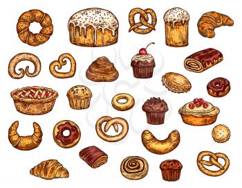 Bakery shop pastry, desserts ans sweet cakes. Patisserie or cafeteria food. Vector wheat bagel donut, croissant and muffin with chocolate pie and cinnamon roll, berry cupcake