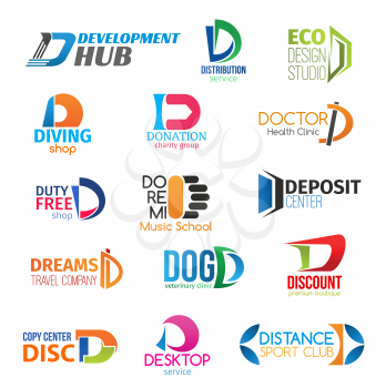 Corporate identity letter D business icons. Vector development and transportation, design and equipment, donation and health. Shopping and education, finance and travel, veterinary and technology