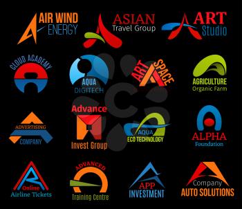 A letter icons for business of abstract design. Air and asian, art and academy, aqua and agriculture, advertising and advance, alpha and airline. Advanced or app, auto solutions badges vector isolated