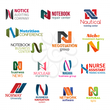 Corporate identity letter N business icons. Vector auditing and repair, training and food, negotiation and investment, news and engineering. Education and navigation, software and recreation, signs