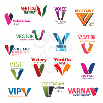 Corporate identity letter V business icons. Technology and finance, music and food, travel and management, sport and beauty, booking and entertainment. Vector emblems, signs and symbols isolated