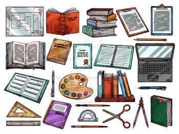 School books and stationery sketch icons. Vector Back to School symbols of math ruler with scissors and pencil, painting watercolors with computer and graduation diploma, copybook bookmark and pen