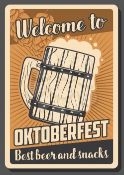 Oktoberfest beer fest retro vector poster of German autumn festival of Bavarian restaurateurs food and breweries drinks. Craft beer cup or vintage mug with hops. Munich carnival or Wiesn design