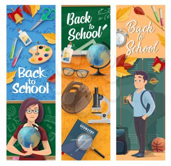 Back to school vector banners of education design. Student and teacher at classroom with school supplies, book and notebook, chalkboard, scissors and backpack, globe, paint, pencil and microscope