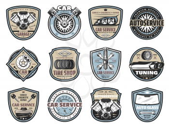 Car repair service badges with auto spare part icons. Vehicle engine, spanner and wheel, tire, piston and spark plug on vintage shields. Mechanic garage label and transportation theme