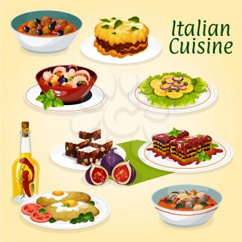 Italian cuisine soup, salad and desserts. Meat and vegetable lasagna, beef stew with tomato and olive, bean soup with meatball and cheese, orange salad, seafood stew, turkey milanese and fig fruit