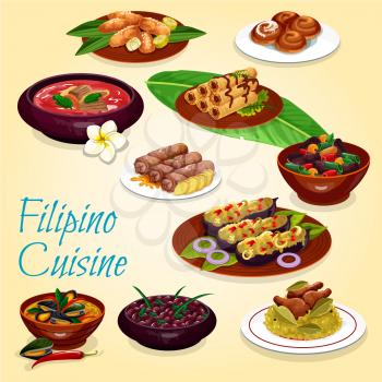 Filipino cuisine, meat and seafood dishes. Chicken rice, bean and pork stews, beef soup, mussel with coconut sauce and fried spring rolls, stuffed eggplant, fried banana and apple bun