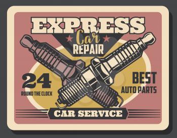 Car service spark plug retro poster. Auto repair, vehicle parts maintenance and diagnostic works. Spark plug old signboard, decorated with stars. Mechanic garage vintage advertising