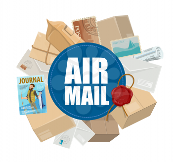 Airmail, post delivery service and air cargo theme. Letters, parcels and envelopes, postcards, postage stamps and newspapers with postage wax seal