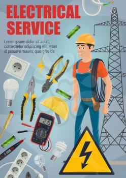 Electrical service. Vector electrician, electric equipment and tools. Electrical engineer or lineman with wire, cable and light bulb, screwdriver, pliers and cutters, hard hat and voltage tester