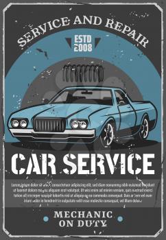 Car repair service and auto mechanic garage station vintage poster, retro vehicle and shock absorber spare part. Old classic car vector, mechanic workshop advertising signboard design