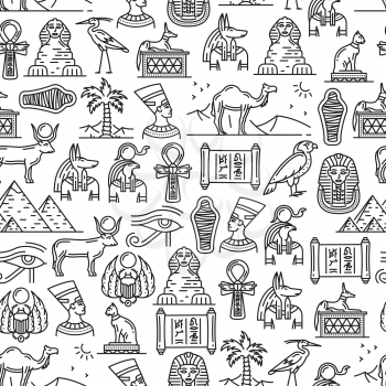 Ancient Egyptian culture and historic symbols seamless pattern. Vector Pharaoh mummy, Cairo Sphinx or Nefertiti and Cheops pyramids, Anubis and Ra deity gods or hieroglyphs and religious signs pattern