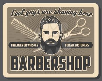 Barbershop mustache and beard razor shaving salon vintage poster. Vector gentlemen barber shop or hipster hairdresser, haircut scissors and hair trim comb or hairbrush