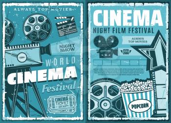 Night film festival or movie premiere retro grunge posters. vector cinematography cinema show, 3D glasses, video camera and vintage movie projector with actor award and popcorn