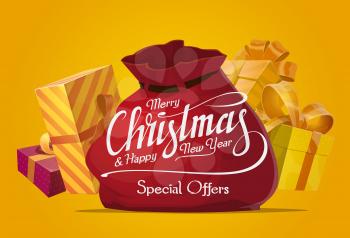 Christmas gifts sale offer with Santa Claus red bag and present boxes, golden ribbon and bow. Xmas and New Year winter holidays seasonal sale poster and special price promotion, vector design