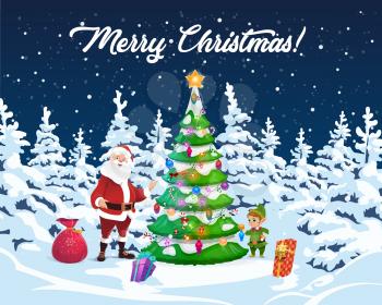 Merry Christmas and Santa at Xmas tree with gifts bag. Vector winter holiday celebration, Christmas lights and dwarf or elf with ornament decorations in night forest