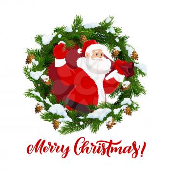 Merry Christmas holiday, Santa Claus and fir wreath. Vector cones and snow, fairy character, winter holiday greeting, celebration and congratulation. Man with beard and gifts sack, mitten and coat