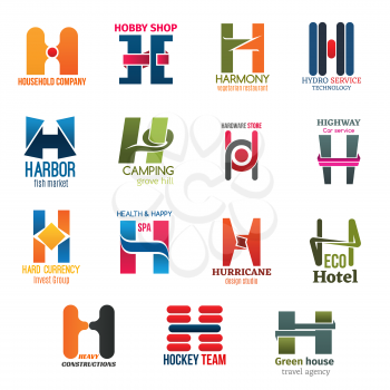 Corporate identity letter H business icons. Cleaning and hobby, food and technology, shopping, travel and transport, finance, recreation, ecology and building, sport. Vector emblems, signs or symbols