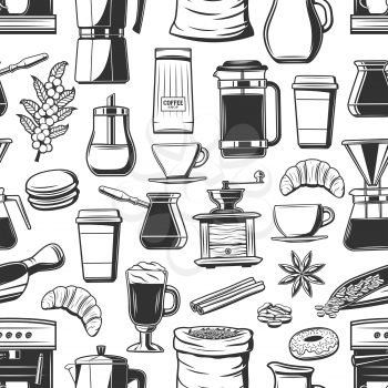 Coffee and breakfast seamless pattern, beans and cup. Vector hot beverage, croissant and donut, macaroon, anise and cinnamon. Energetic drink in glass, takeaway cup and coffee machine, turk and pot