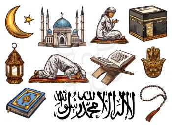 Islam religion sketch icons of holy symbols. Crescent moon, star and Ramadan lantern, mosque, Holy Quran and arabic calligraphy, Mecca Kaaba mosque and beads, prayer or salah and hamsa hand vector