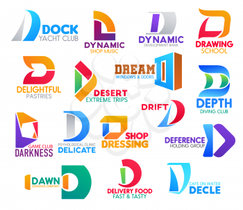 D icons, corporate identity symbols and company signs. Vector letter D font of yacht and diving sport club, music shop or development bank and extreme trips travel agency, cafe and clinic