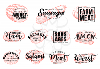 Meat and butcher shop grocery products lettering sketch. Vector calligraphy gourmet meaty delicatessen gastronomy, pork bacon, ham or salami wurst sausages, smoked beef brisket and jamon