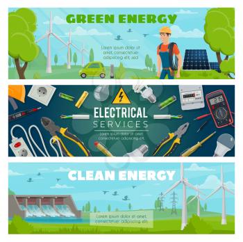 Electricity, electric green energy and eco power plant. Electrician repair equipment, windmill and nuclear powerhouse or ecology saving electrocar and solar battery
