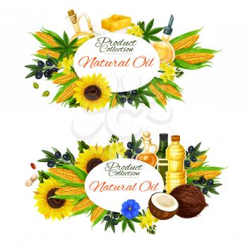Natural cooking oils, salad dressing and food ingredients. Vector sunflower, extra virgin olive or linseed flax and nut oil in jars and bottles