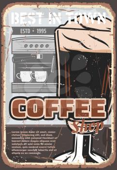 Coffee machine and cup of brewed espresso beverage or cappuccino drink, topped with whipped cream. Cafe breakfast menu, coffee shop or restaurant vector retro design
