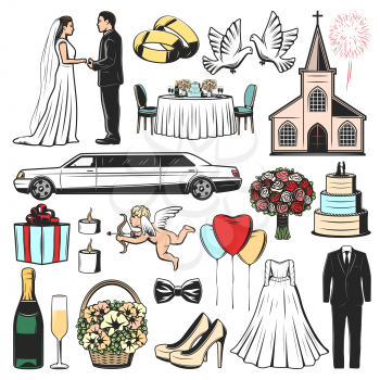 Wedding, marriage ceremony vector icons. Gift, love heart and cake, bridal dress, church and bouquet, ring, luxury car, bride and groom, doves, bow and champagne bottle with glass, candle and balloon