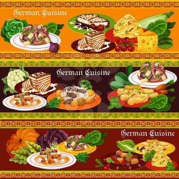 German cuisine dishes with meat and vegetables, vector. Potato and sausage salads with cheese and apples, beer soup, pork ribs with sauerkraut and pepper stew, chocolate and almond cakes