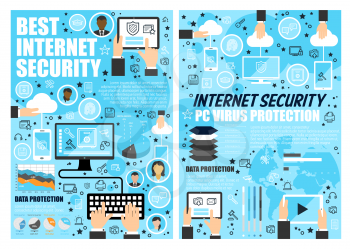 Internet security and virus protection web technology. Cyber safety, data privacy and online information protection vector concept with computer and laptop digital devices. Network service
