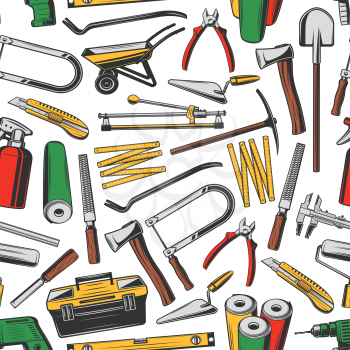 Repair and construction work tools, vector seamless pattern background. Screwdriver, drill and carpenter toolbox, hammer, trowel and pliers, ruler, tape measure and saw, axe, wallpaper and shovel