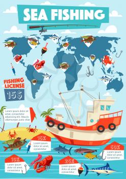 Sea fishing sport tours and fishery infographic. Vector marlin and catfish, squid and carp, bass and lobster, hook and bait, octopus and salmon graphs. Rod and ship boat near island, outdoor activity