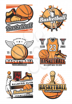 Basketball sport game vector isolated icons. Championship tournament signs with ball and shoes, athlete players throwing ball into basket, t-shirt and trophy cup. Team game symbols score and wings