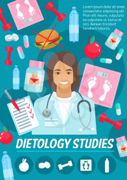 Medical dietology studies. Vector doctor with stethoscope and scales, dumbbells and capsulesor pills, apple and hamburger, diet prescription. Dietician and medications, proper nutrition