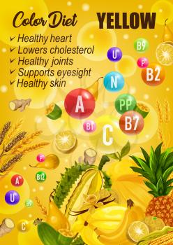 Vitamins in fruits of yellow day of color detox diet. Vector durian and banana, pineapple and pear, wheat and corn, vanilla and lemon, ginger and melon. Food for healthy heart, skin and vision