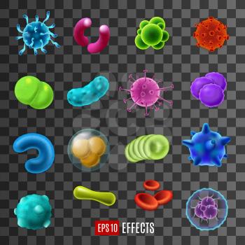 Virus and microbe, molecule and blood cells, microscopic germs infection of live creatures. Biology and medicine laboratory, elements of round and oblong shapes on transparent background