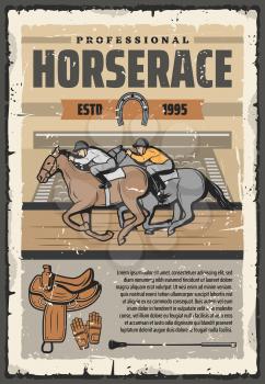 Horse racing retro vector poster, riders and stallions in saddle. Equestrian sport club or event, competition. Vintage design, jockey with stick and gloves riding back