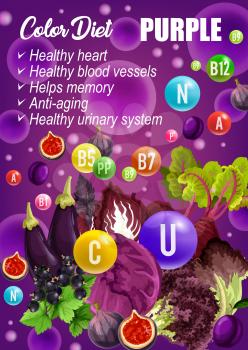 Dietary menu of fruits and vegetables, berries, color detox diet purple day. Vector eggplant and cabbage, plum and date fruit, black currant and beet. Healthy heart and anti-aging program