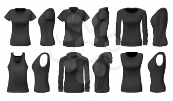 Women clothes and sportswear apparel mockups of t-shirts, sport tank tops and hoodies. Vector black womenswear casual polo or sleeveless shirt realistic models, blank front and side view