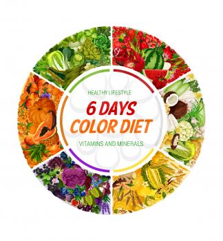 Color diet, healthy food eating organic vegetables and fruits. Vector health lifestyle 6 days rainbow color diet of natural organic salads, nuts or berries and cereals with vitamins and minerals