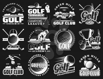 Golf sport club and championship or league tournament icons. Vector golf team academy badges of ball and stick, putter green and victory champion cup, tee and caddy cart