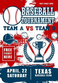 Baseball sport poster, sport championship cup. Baseball fan club, college or university team tournament, bat and ball with player cap, victory laurel and ribbon