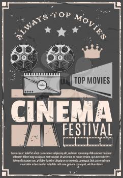 Cinema festival or movie premiere retro advertisement poster. Vector vintage design of film camera or video projector for cinematography night festival with stars and crown