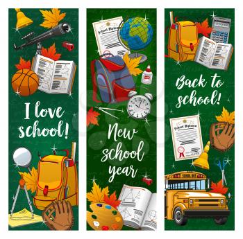 Back to school, student lessons supplies chalkboard banners. Vector I love school education season calligraphy quotes and mathematics formula calculator, school bus and graduation diploma certificate