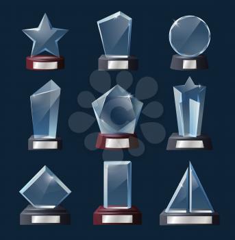 Glass trophy 3d vector templates with awards, prizes and winner cups of sport competition and reminder gift of achievements. Crystal stars, circle, ship sails and geometric figures on wooden bases