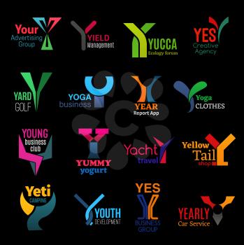 Y icons, corporate identity and company brand name letter symbols. Vector letter Y signs creative advertising agency, yacht travel club or camping, development and management or ecology forum