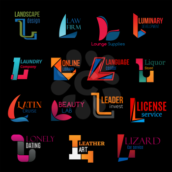 L icons set, corporate identity design symbols and business company emblems. Vector letter L landscaping agency, law legal firm or laundry service and language center, drink store or investment group